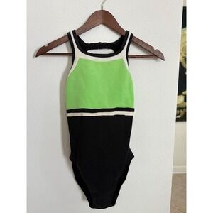 Vintage Jag Black Green White Ribbed Swimsuit Sleeveless Size 6 Womens USA Made